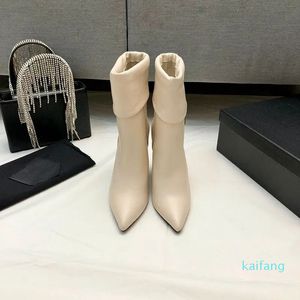 Bottes à bout pointu et talons épais pour femmes, chaussures de luxe de styliste en cuir et semelle en daim, à la mode