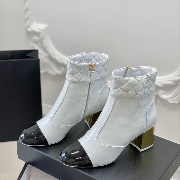 Bottes à bout pointu et talons épais en cuir verni de chèvre, créateurs de luxe, chaussures de soirée de mariage, chaussures d'usine, taille 35-40