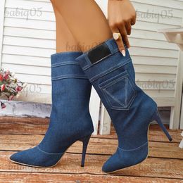 Bottes Bout pointu bottes de mode Denim tissu chaussures pour femmes 2023 nouveau mince talon haut mi-mollet rétro bleu élégant mi-longueur Denim bottes T231025