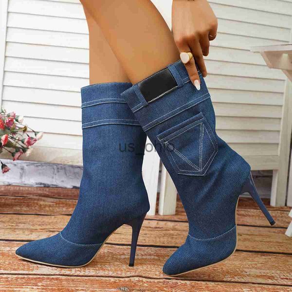 Bottes Bout pointu bottes de mode Denim tissu chaussures pour femmes 2023 nouveau mince talon haut mi-mollet rétro bleu élégant mi-longueur Denim bottes J230919