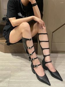 Laarzen Puntschoen Metalen Gesp Gladiator Sandalen Retro Dames Strappy Sexy Knie Hoge Pumps Lace Up Elegante Dikke Hakken Zip Jurk Schoenen