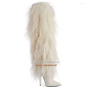 Bottes bout pointu talons aiguilles genou haut bloc de couleur fourrure blanche longue femmes hiver talon élégant défilé chaussures de fête