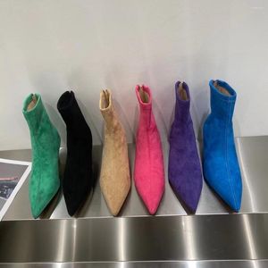 Botas puntiagudas para mujer, tobillo, llegadas 2022, calcetín, Botas, verde/negro/beige/rosa/púrpura/azul, Otoño Invierno, tacones finos 39