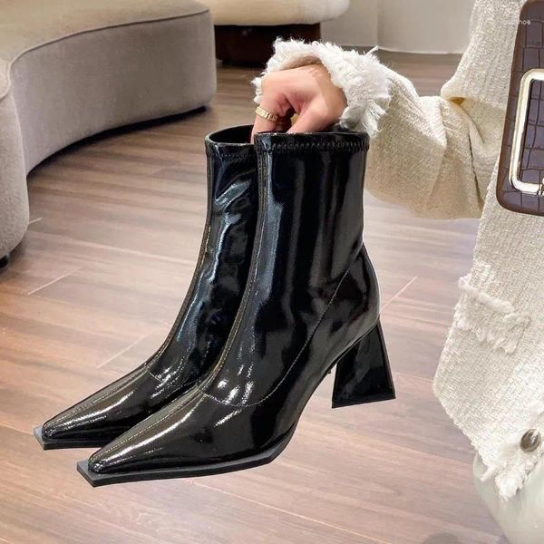 Bottes pointues Toe Femmes cheville noir blanc rose chaussette rose épais talons hauts mode chaussures pures femme hiver botas taille 35-40