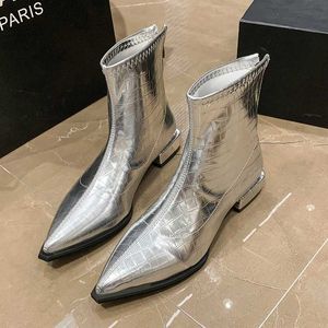 Botas con punta estrecha para mujer, botines 2022, recién llegados, tacones bajos planos, plata, Beige, negro, Color sólido, cremallera trasera, Chelsea Botas, estiramiento L230712