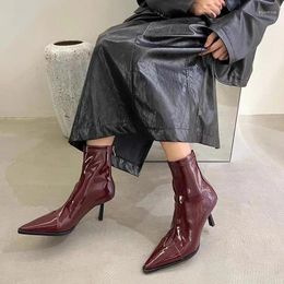 Botas punta puntiaguda mujeres tobillo charol damas calcetín botines cortos stiletto tacones altos finos moda otoño