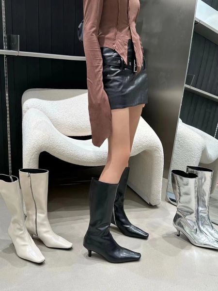 Bottes pointées Toe Femmes Knee High Boots Thin Mid Hels Side Zipper Knight Boties Fashion Dress Chaussures Femme Botties Femme Taille 3539