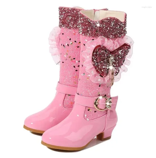 Botas Princesa Niñas Mariposa Zapatos de bota de tacón alto en vestido de tutú Niños Lentejuelas impermeables Transpirable Parte inferior de goma Moda Invierno