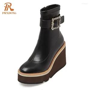 Boots Prxdong ins Fashion Chaussures pour femmes authentique coins en cuir plate-forme haute plate-forme de boucle noire