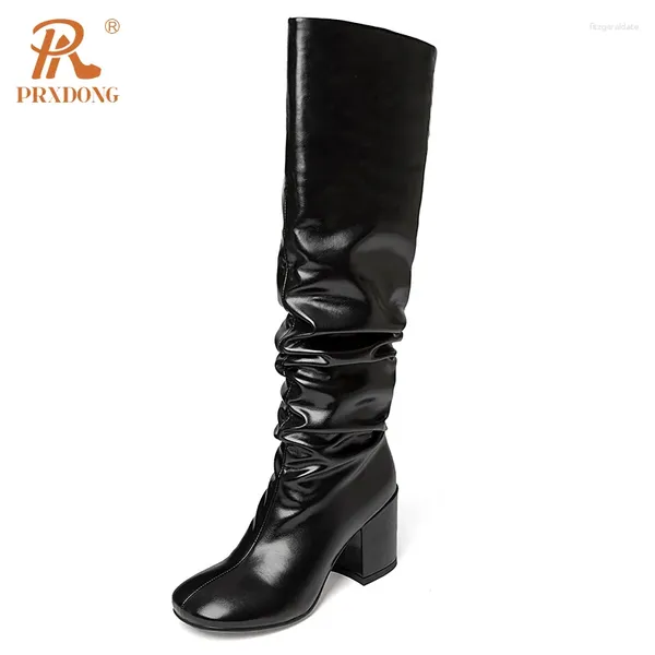 Bottes Prxdong Chaussures féminines Marque Autumn Winter Galent chaud High Square Talon Round Toe Black Beige Robe Party