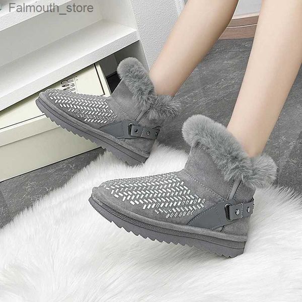 Bottes PU cheville bottes de neige 2023 offre spéciale plat avec des chaussures femme hiver sans lacet bout rond mi talon solide Bling concis bottes pour femmes Q231010