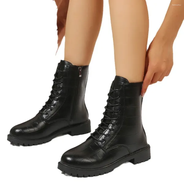 Bottes de combat en cuir Pu noir pour femmes, chaussures de moto à semelle épaisse et à semelle épaisse, grande taille 42, fermeture éclair latérale, automne 2024