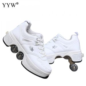 Bottes Pu Leather Kids 4 roues Chaussures à rouleaux Skate Déformation décontractée Parkour Sneakers Skates For Rounds Adult Of Running Sport Chaussures