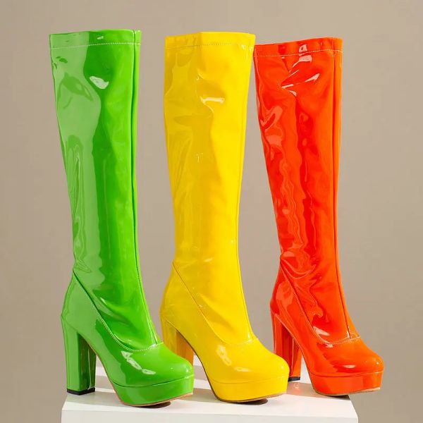 Bottes PU Patent Cuir Orange Jaune Green Sexy Pumps Plus taille 3248 13 Western Platform Block High Talons Bottes Stretch High Stretch