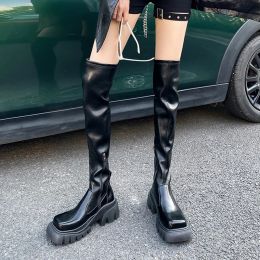 Boots Punk Black Long Boots for Women 2023 Automne Square Toe Plateforme Chunky Knee Boots High Woman Pu Leather Heels Motorcycle Botas