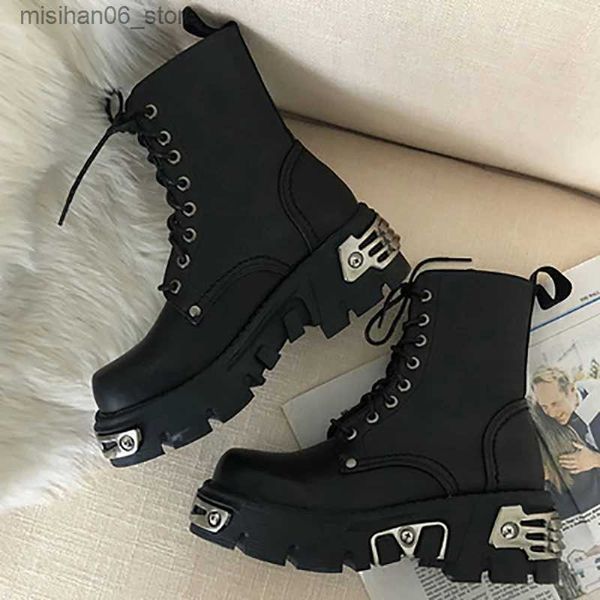 Bottes Style Punk bottes plate-forme Vintage bottes courtes femmes moto botte mode dames grosses chaussures en métal décor bottes de neige Q231012