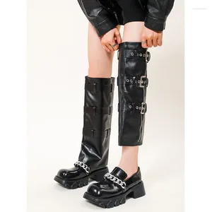 Bottes Punk Style Chains Boucle Zip Détachable Top Knee Square Toe Plateforme Sole Motorcycle Femme Deux chaussures Wear Ways