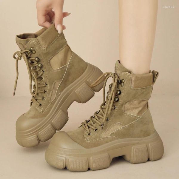 Botas estilo punk caqui plataforma combate para mujeres 2023 otoño invierno botines gruesos mujer antideslizante fondo grueso ejército