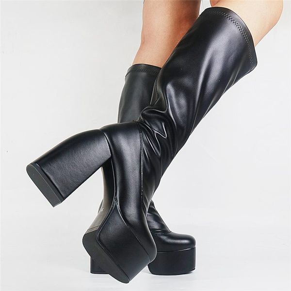 Botas Punk Estilo Mujeres Chunky Elástico PU Cuero Señoras Gruesas Tacones Altos Zapatos de plataforma Mujer Largo Sexy Goth