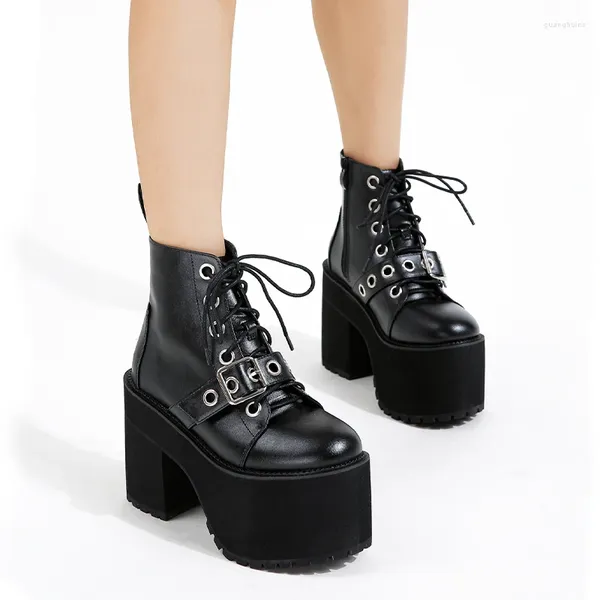 Botas estilo punk zapatos de mujer con cordones tacón grueso altura 11 cm plataforma mujer gótico tobillo metal decoración cuero genuino