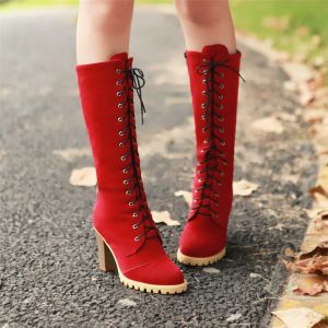 Boots Pxelena British Square Chunky High Heels Military Knee High Boots Femme Chaussures Lace Up Long Riding Knight Boots Flock 2018