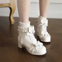 Laarzen PXELENA Vlinder-Knoop Cosplay Uniform JK Enkel Kant Lolita Mary Jane Dikke Mid Hakken Preppy Zoete Prinses Schoenen Vrouwen