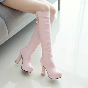 Boots Pxelena Fashion Knee High Femmes 2024 Hiver Chunky Block Talons plate-forme Long Riding Lady Shoes plissée 34-43