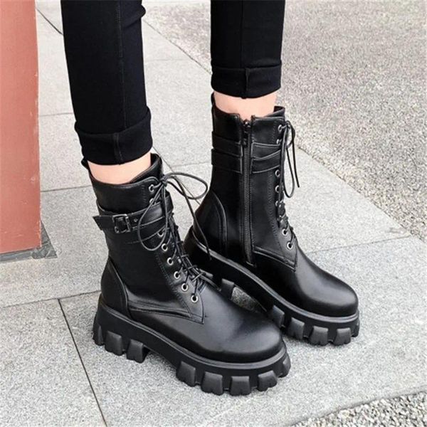 Botas Pxelena Tamaño grande 34-45 Plataforma Chunky Mujeres Punk Gothic Creepers Militar Motocicleta Biker Zapatos de combate