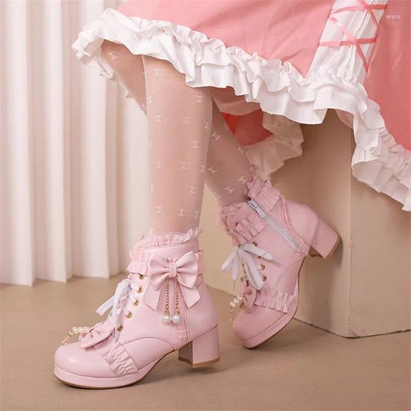 Botas PXELENA Lolita Mary Jane Pearl Butterfly-Knot Princess Tobillo Zapatos de citas diarias Mujeres Cosplay Uniforme Lace Plus Tamaño