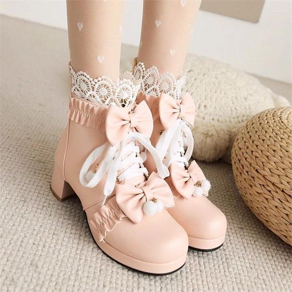 Botas Pxelena Princesa Lolita Novia Boda Tobillo Mujeres Blanco Rosa Encaje Ruffles Mariposa-Nudo Vestido de fiesta Cosplay Zapatos 34-43