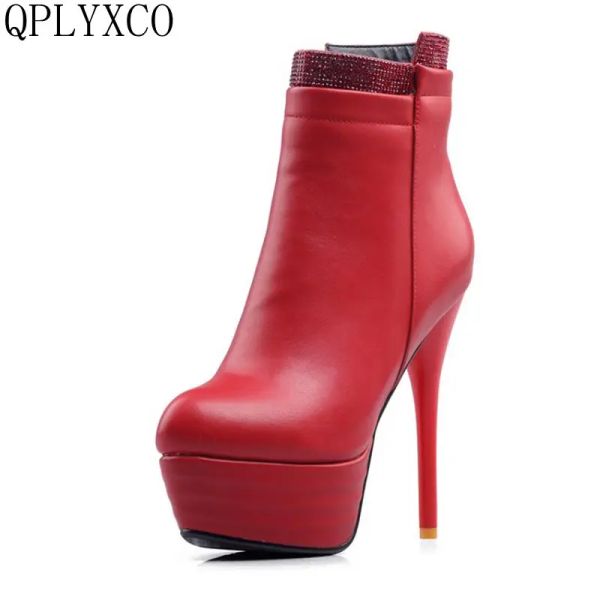 Boots qplyxco 2017 Nouvelle vente grande petite taille 3146 cheville botte courte hiver sexy femme rond talons hauts (14 cm) chaussures de fête de mariage 559