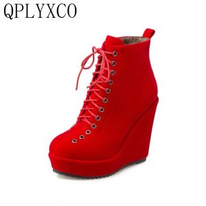 Boots qplyxco womens coins bottes courtes 2019 talons hauts12cm flock lace lacet up umnom shoes de qualité hivernale femme bottines 8715