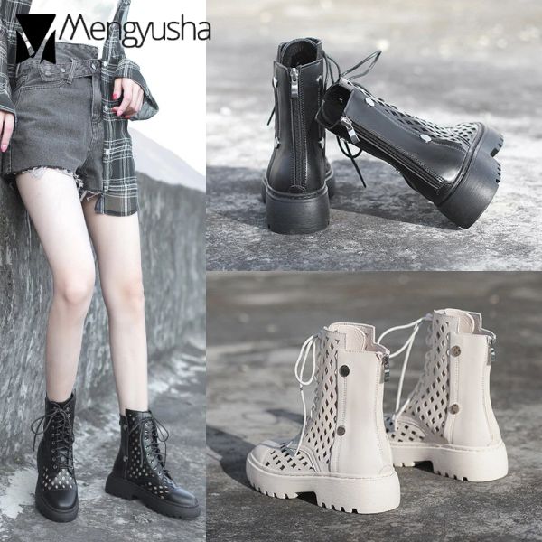 Boots Quality Cuir Coupte Summer Boots Femme Lace Upzip Rubber Caoutchs Rivets Femme Hollow Out Midcalf Winter Mottes Big Taille 41