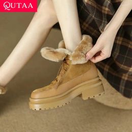 Bottes QUTAA 2024 Femmes Cheville Automne Hiver Fourrure Chaussures de neige Femme Lacets Plateformes Laine Véritable Cuir Taille 34-39