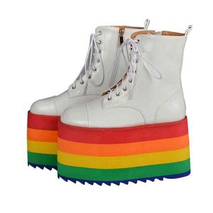 Botas con plataforma de arcoíris para mujer, botines de tacón con cordones, cuero blanco, Mid Kuit, zapatos cortos de fondo grueso, novedad 220903