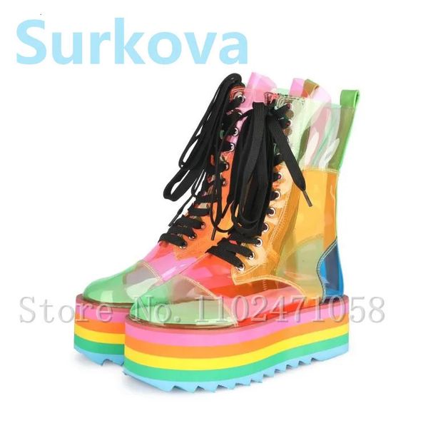 Botas Rainbow Sheepskin Moda Mujeres Altura Aumento Transparente Pub Bar Bar Corto Color Mixto Fiesta Zapatos de mujer 231206