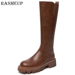 Boots Rasmeup Femmes Knee High Boots Real Cuir Rond Round Toe Talon Plate-forme de talons