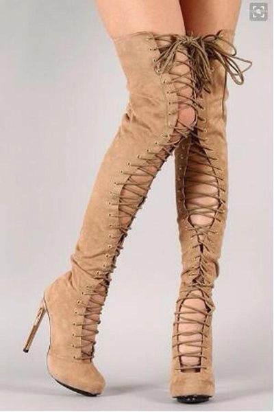 Bottes réelles images femmes mode ronde toe daim en cuir lacet-up sur le gladiateur du genou coupé long talon haut talon haut