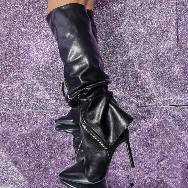 Botas real pos par paris stiletto cuero femenino muslo alto baile estirado frontal cremallera cabro negro pantalón botas femenino gran tamaño