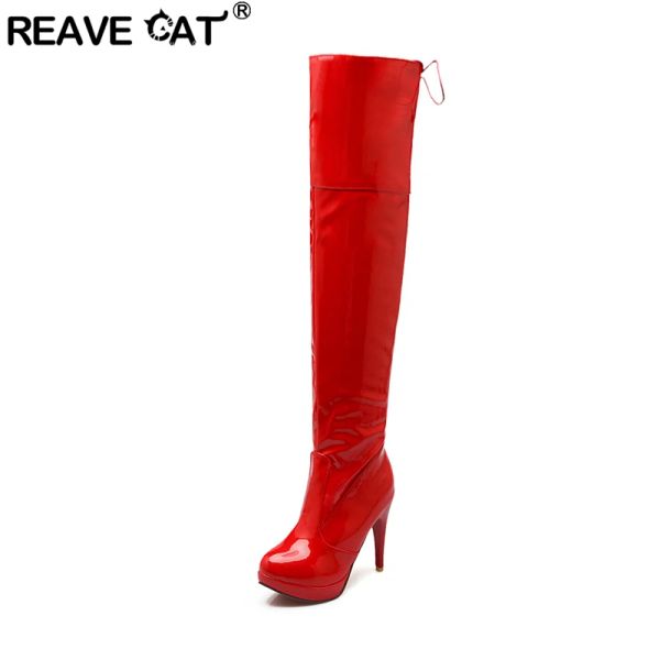 BOTAS REAVE CAT 2021 SEXY SOBRE LA TILEA BOTAS Patente Velvet Velvet Round Toe Lace Up Zip Platform de 11 cm US12 Red blanco A4348