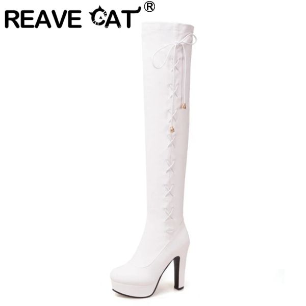 Boots Reaave Cat 2022 Fashion Over the Knee Bots Sexy Lace Up Round Farty Club Nightclub Platforms Block High Heel Black White A4522