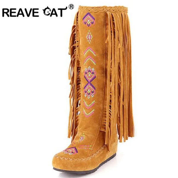 Bottes révèlent la mode de mode Nation Style Floquer en cuir Femmes Fringe talons plats longs