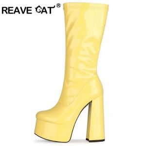 Boots Reading Cat Ins Brand Luxe Designer Platform Chunky High Heels Sexy Women Mid Calf Boots Candy Color Zipper Goth Big Size 43