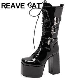 Bottes révèlent les dames de chat Goth Boots Square Toe Bloc Super High Heel 14,5 cm plate-forme colline 7,5 cm à glissière Lace Up Big Taille 44 45 46 Street