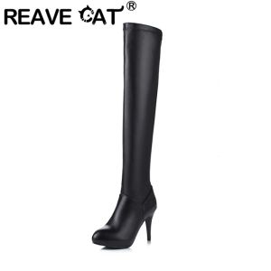 Laarzen Reading Cat Ladies Overknlee High Boots Pointed Toe dunne hakken Zipper Platform plus Maat 3245 Solid Black Wit Winter Warm S2687