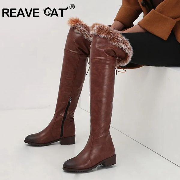 Bottes REAVE CAT bottes de neige fourrure chaude femmes bottes en cuir Med bloc talons sur les bottes au genou dame chaussures d'hiver Bota Feminina taille 44 231018