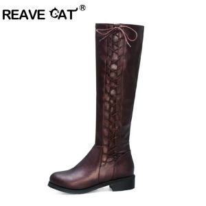 Laarzen Reading Cat Winter Damesschoenen Knie High Boots Flat Lage Heels Pointed Teen Crosstied Decor Black Bota Feminina Big Size 45 46