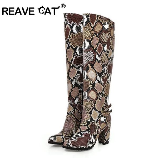 Bottes révèlent les femmes de genou bottes rond orteil motif de serpent chaud talons talons carrés de talon épais côté zipper imprimé grand taille 3443 décontracté