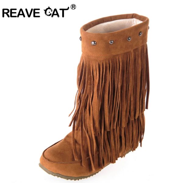 Botas reava Cat Women's 2 capas Flequing boras del tacón plano Medio rodilla botas altas zapatos de pieles calientes más grandes talas 3447 botas de nieve Zapotos