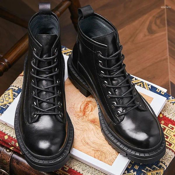 ¡Botas recomendadas! Zapatos de invierno de gama alta de cuero genuino para hombre, color negro puro, tacón grueso, seguridad en el trabajo, motocicleta, niños